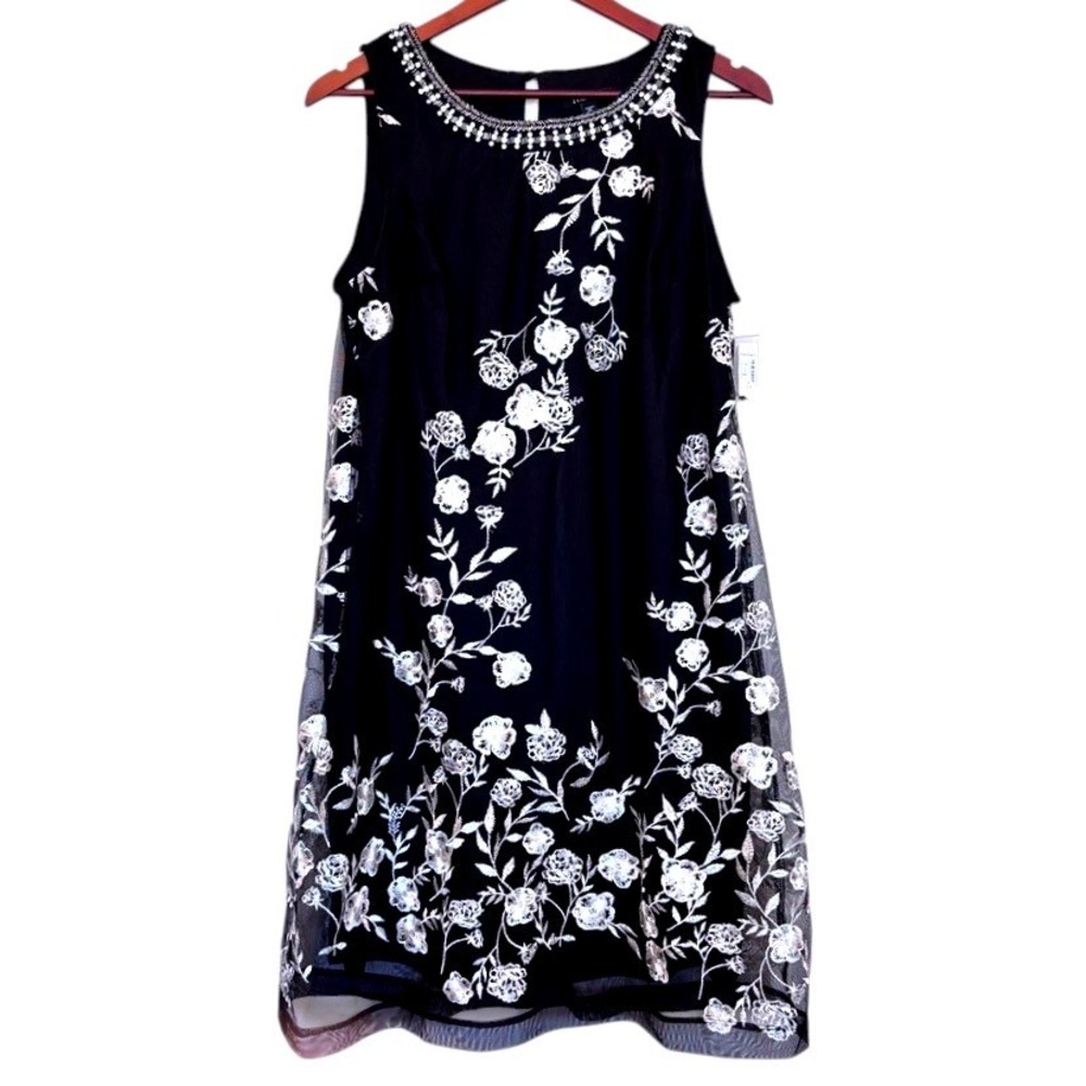 Roz & Ali Black Floral Embroidered Mesh Shift Dress Plus 14 Beaded Neck NWOT